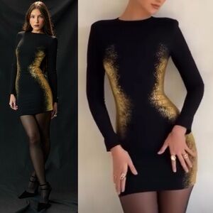 NEW! House of CB- Domenica Foil Long Sleeve Minidress Black Gold Size Medium